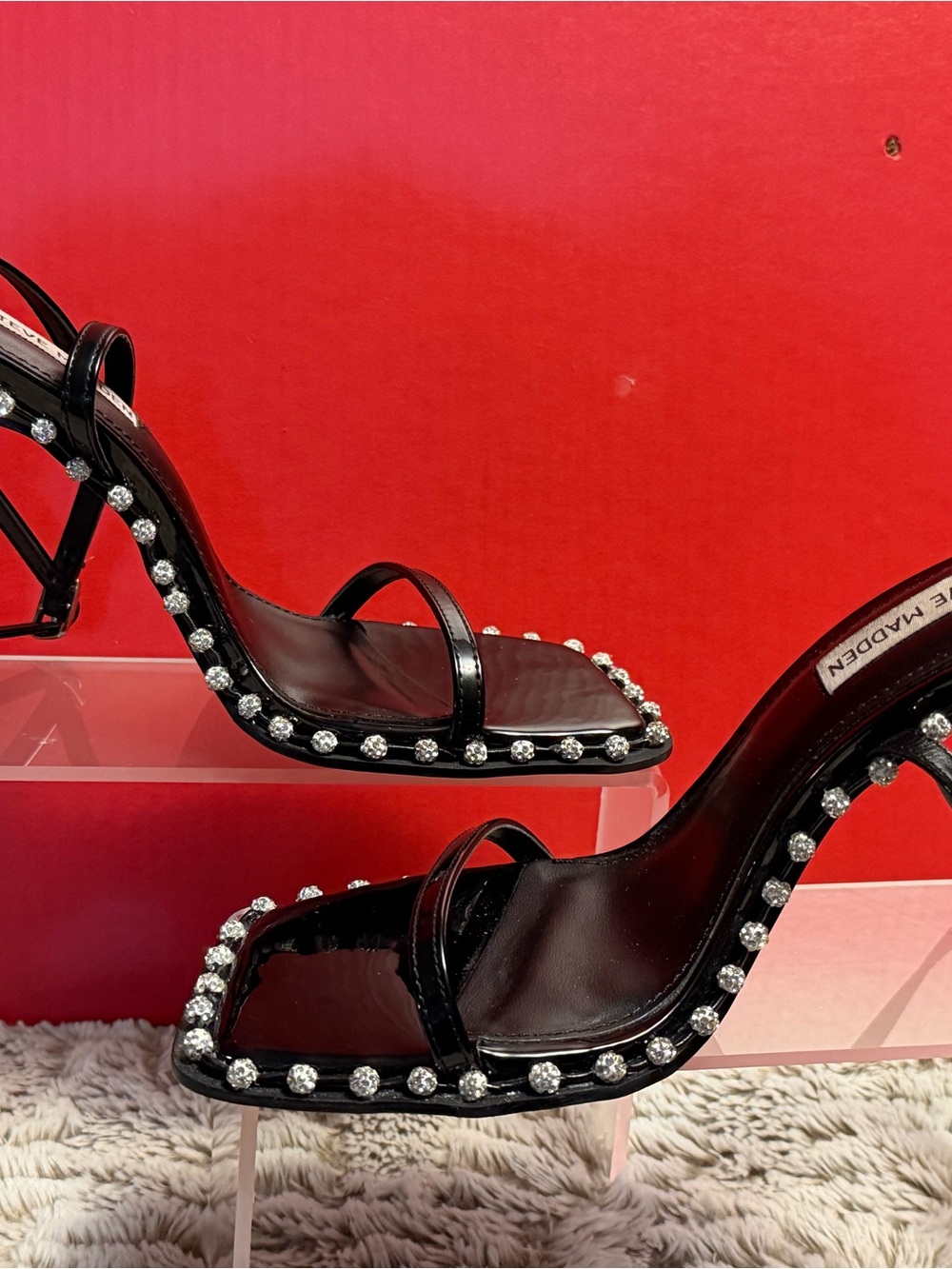 Steve Madden Zelle Black Rhinestone embellished Square Toe High Heel Sandals - Picture 9 of 9